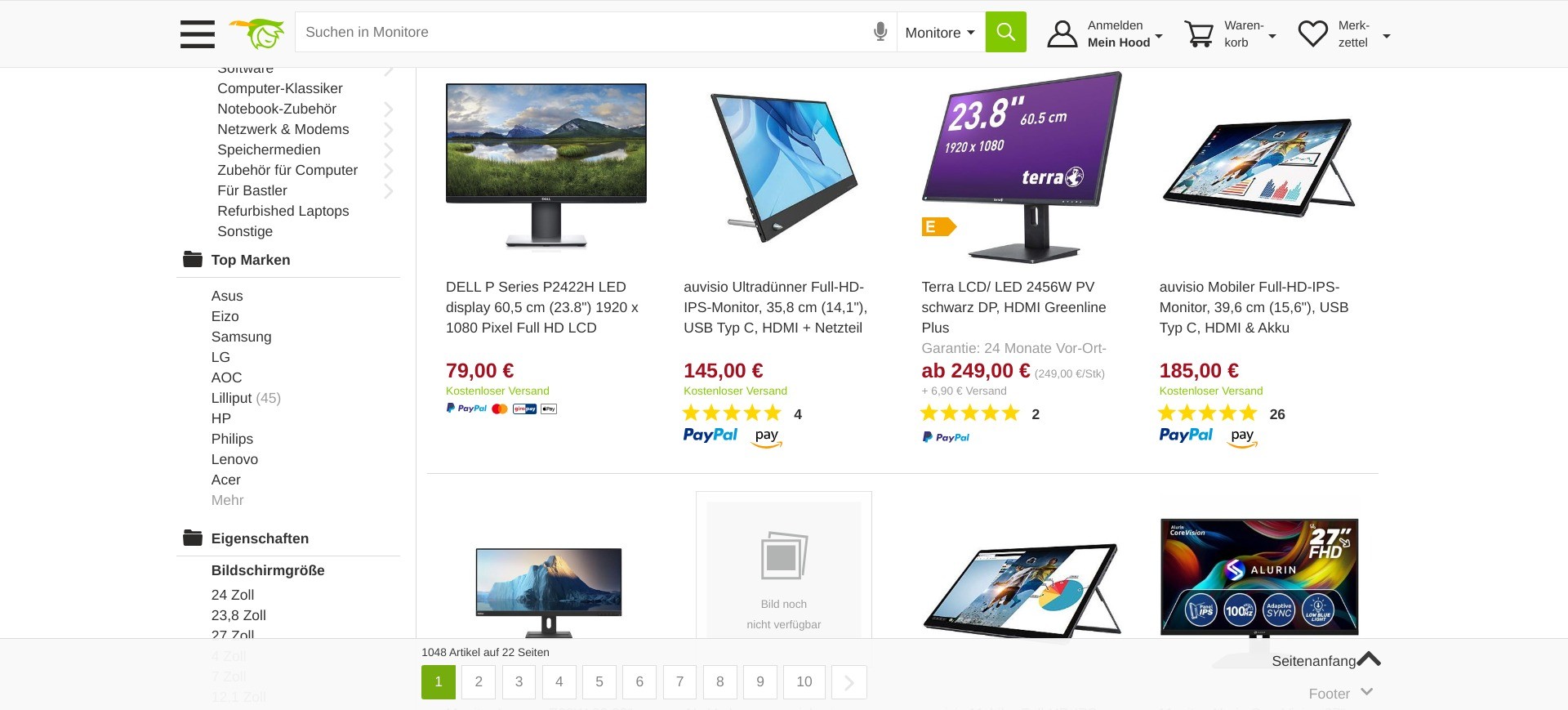 Screenshot of random product listings on hood.de