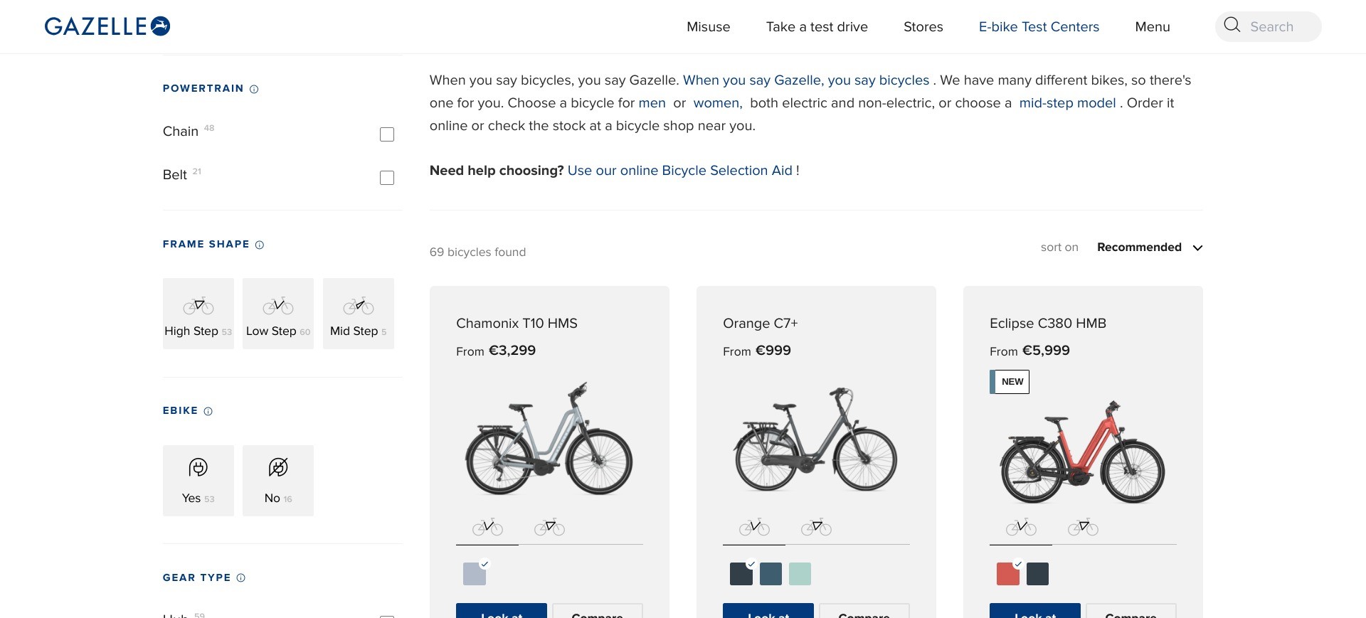 Screenshot of https://www.gazelle.nl/fietsen#page=1 displaying product listings. Translated into English by Google Translate