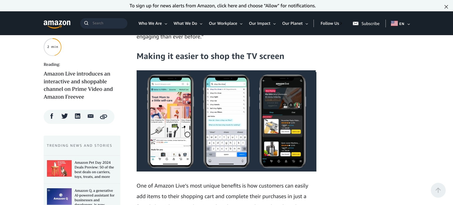 Screenshot of aboutamazon.com/news/entertainment/amazon-live-free-channel-prime-video-freevee-shopping displaying a smartphone screen with Shop the show