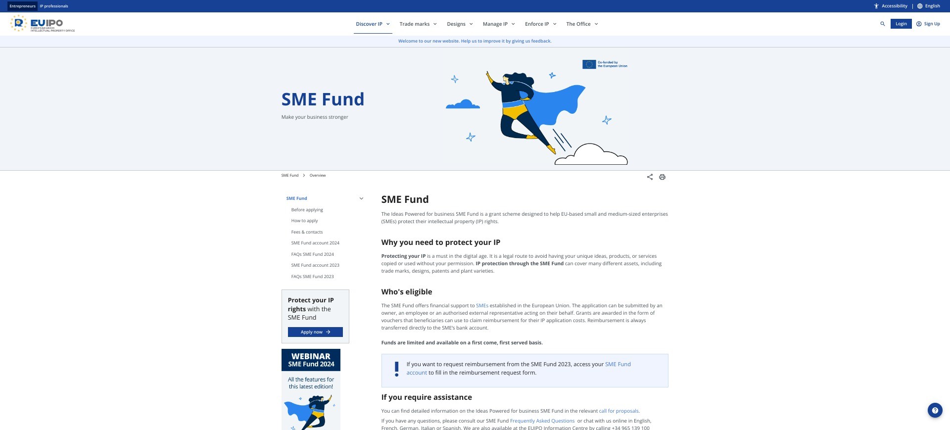 Screenshot of euipo.europa.eu’s website for the SME Fund