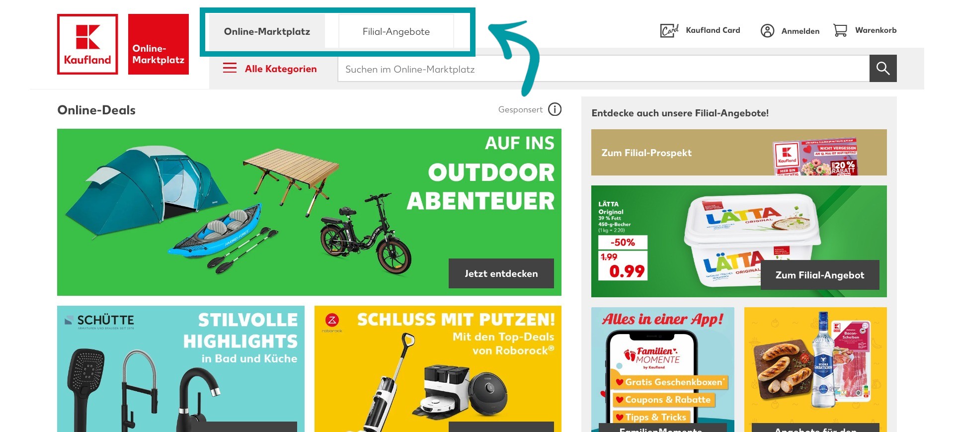 Screenshot of kaufland.de displaying the option to choose products from the online marketplace or a physical store