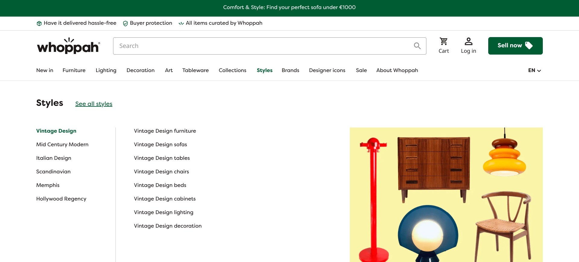 Screenshot of whoppah.com/style, introducing the option to browse products according to style