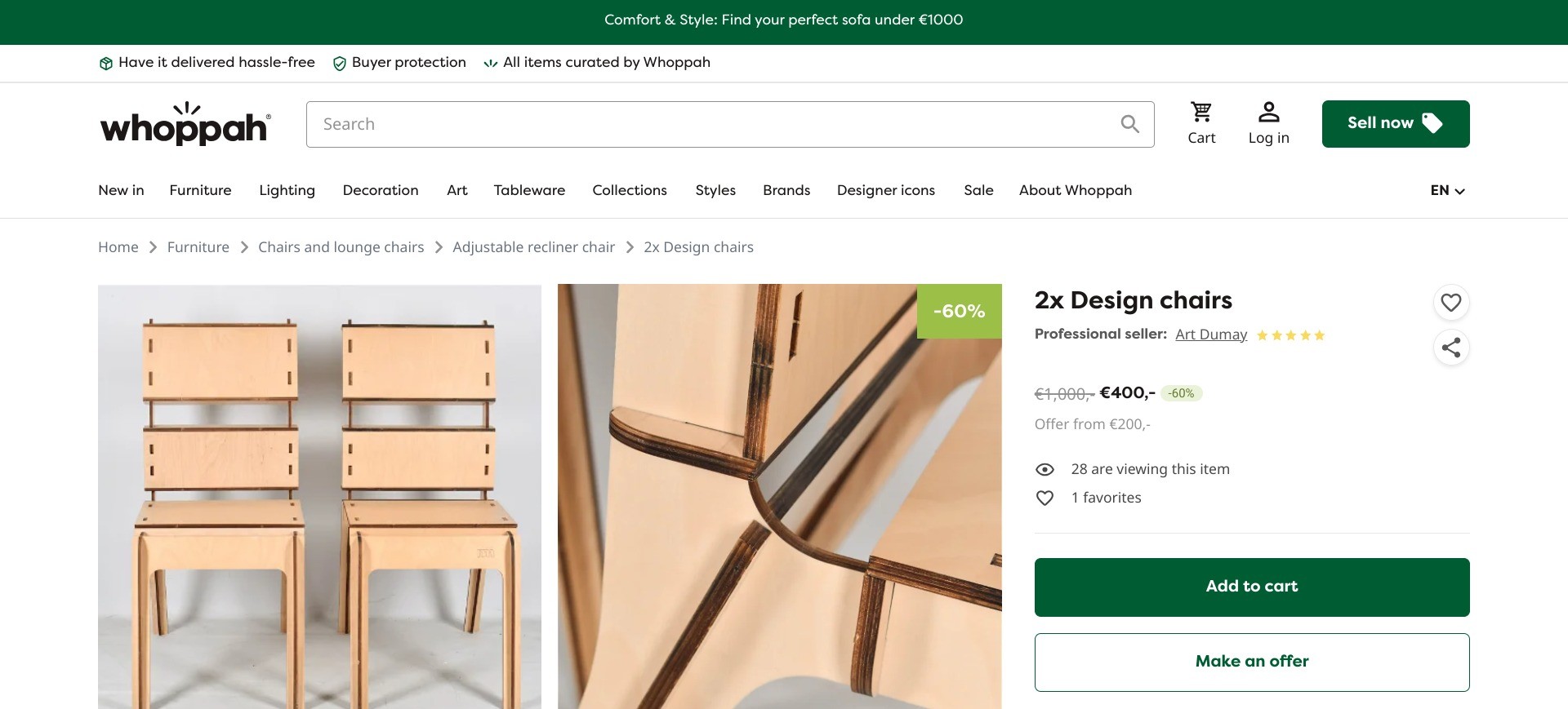 Screenshot of a random product listing on whoppah.com displaying the sellers’ name and type