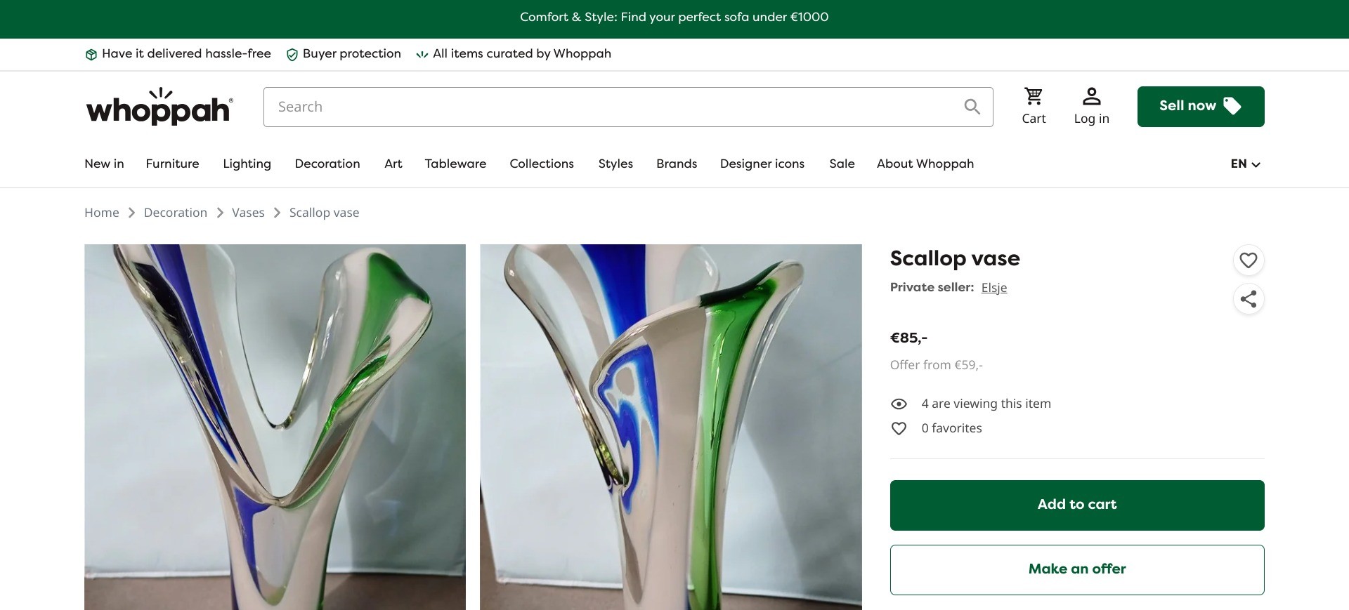 Screenshot of a random product listing on whoppah.com displaying the sellers’ name and type