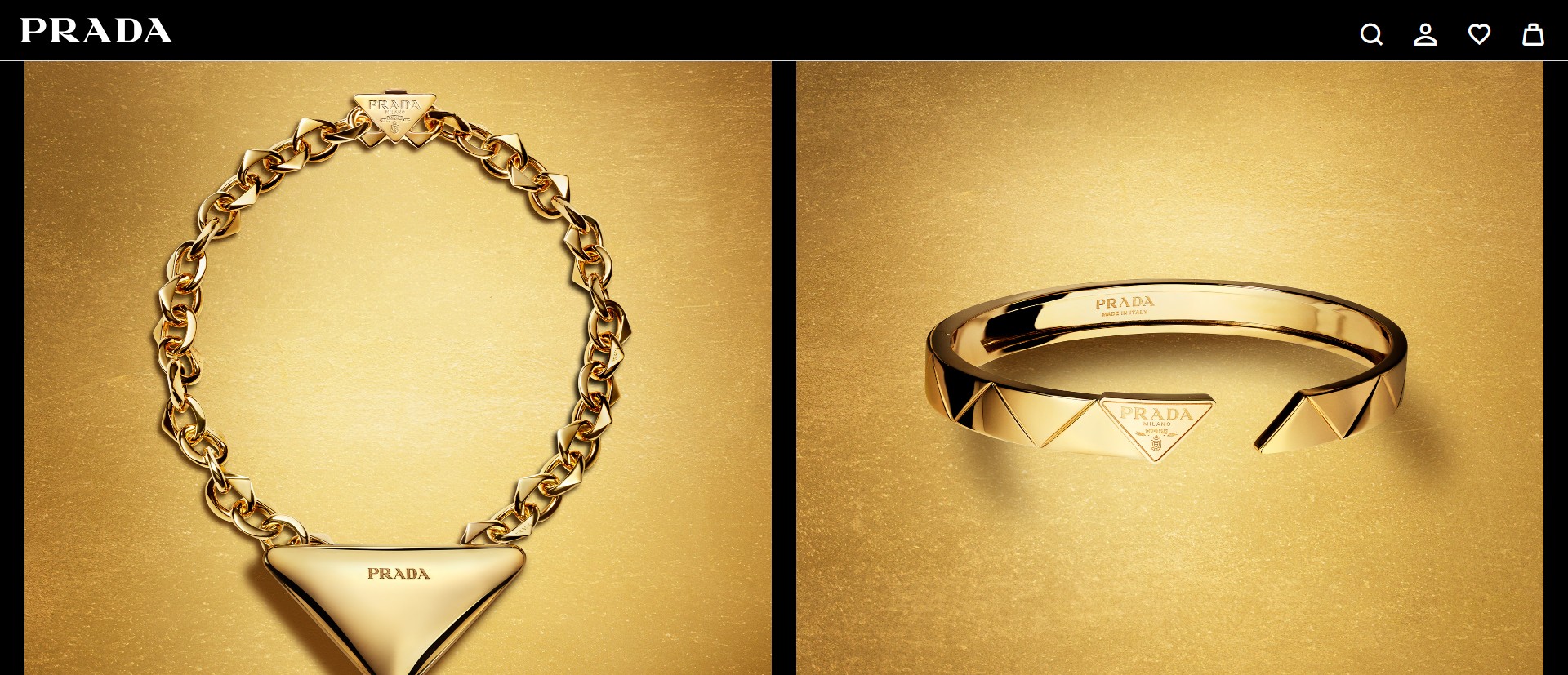 Screenshot of prada.com displaying pieces from the Eternal Gold collection