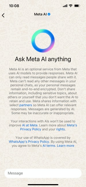 Screenshot #2 of WhatsApp displaying Meta AI’s new features available in Europe