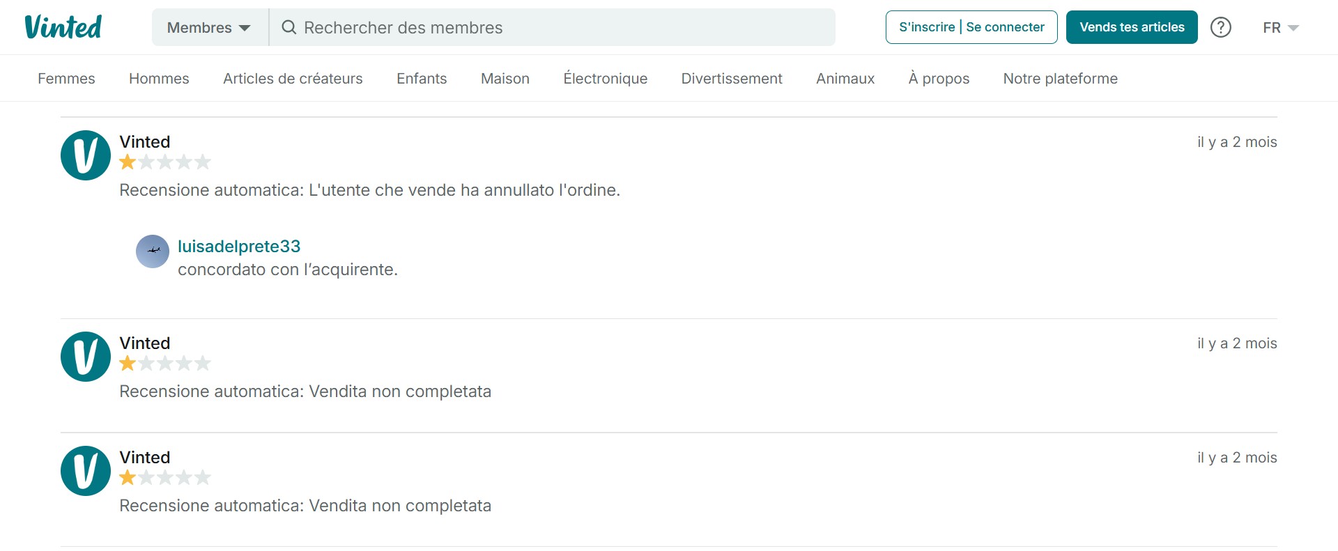 Screenshot of https://www.vinted.be/member/227595867?tab=feedback displaying a few automatic 1-star reviews given due to cancelled sales