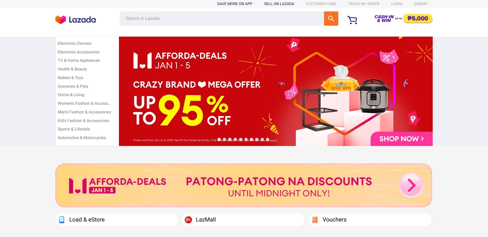 Screenshot of the homepage of lazada.com.ph displaying a banner for 95% discount sales
