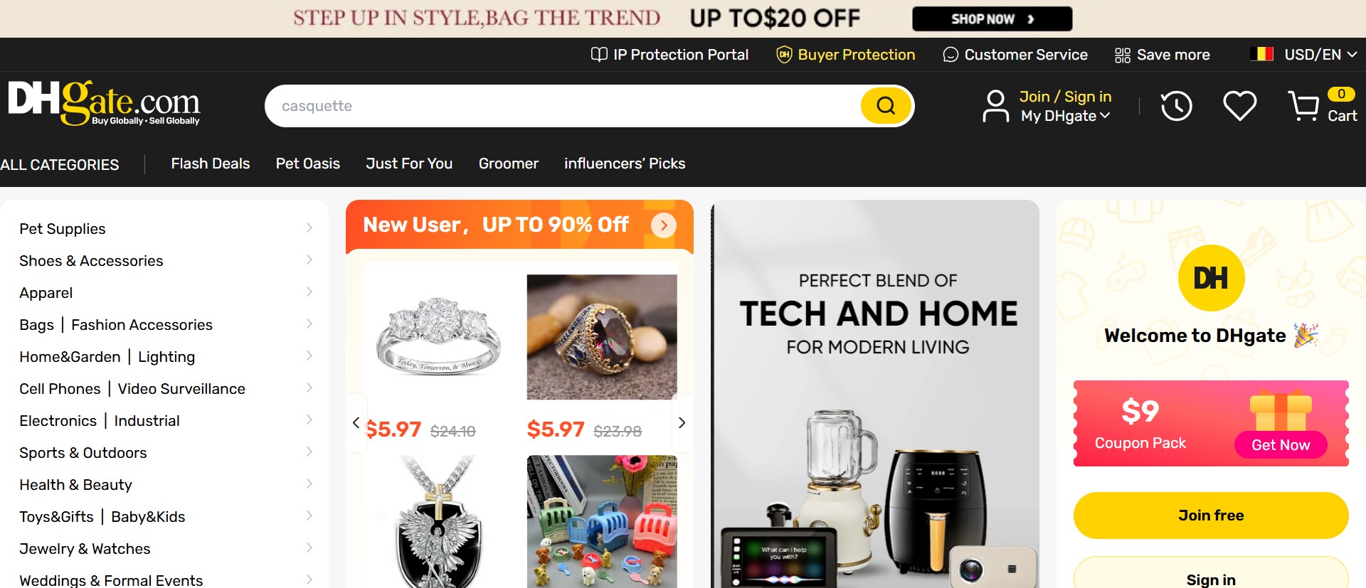 Screenshot of the homepage of dhgate.com