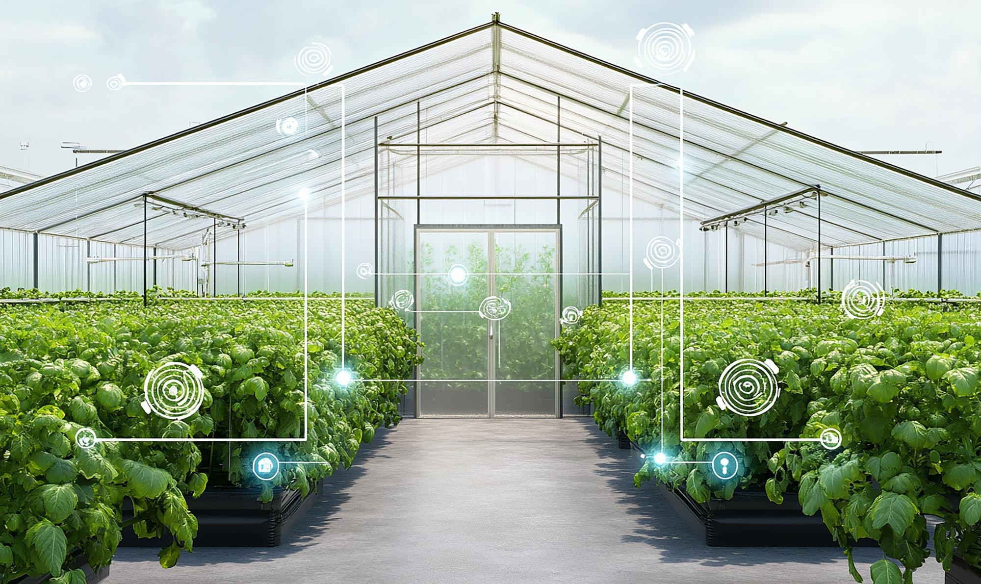 AI-generated illustration of an IoT-monitored greenhouse