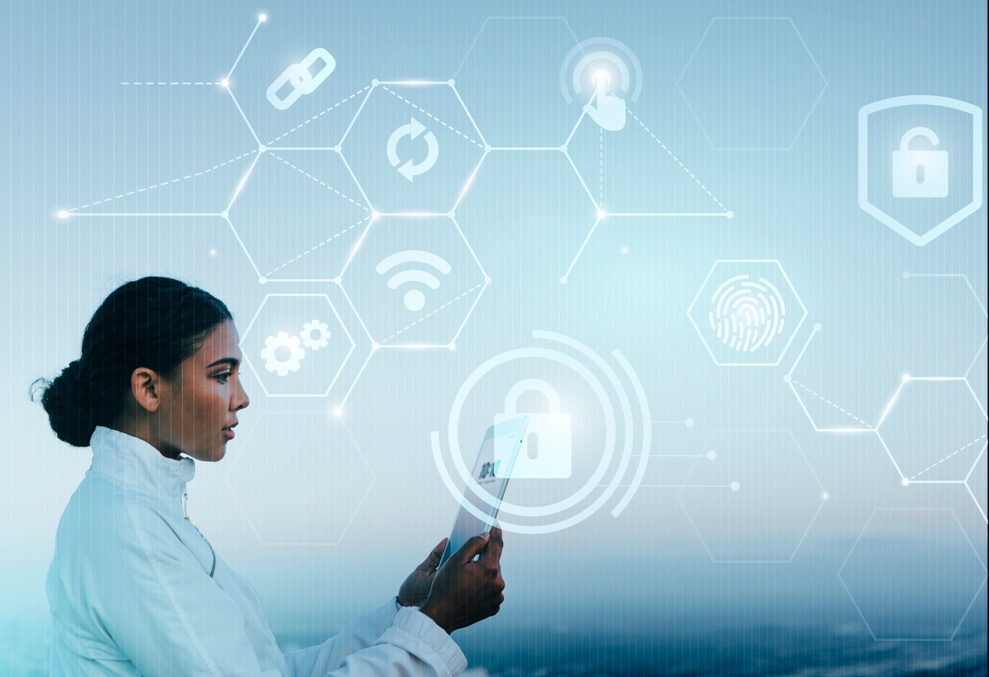 Illustration of a woman inspecting the security measures of an IoT network
