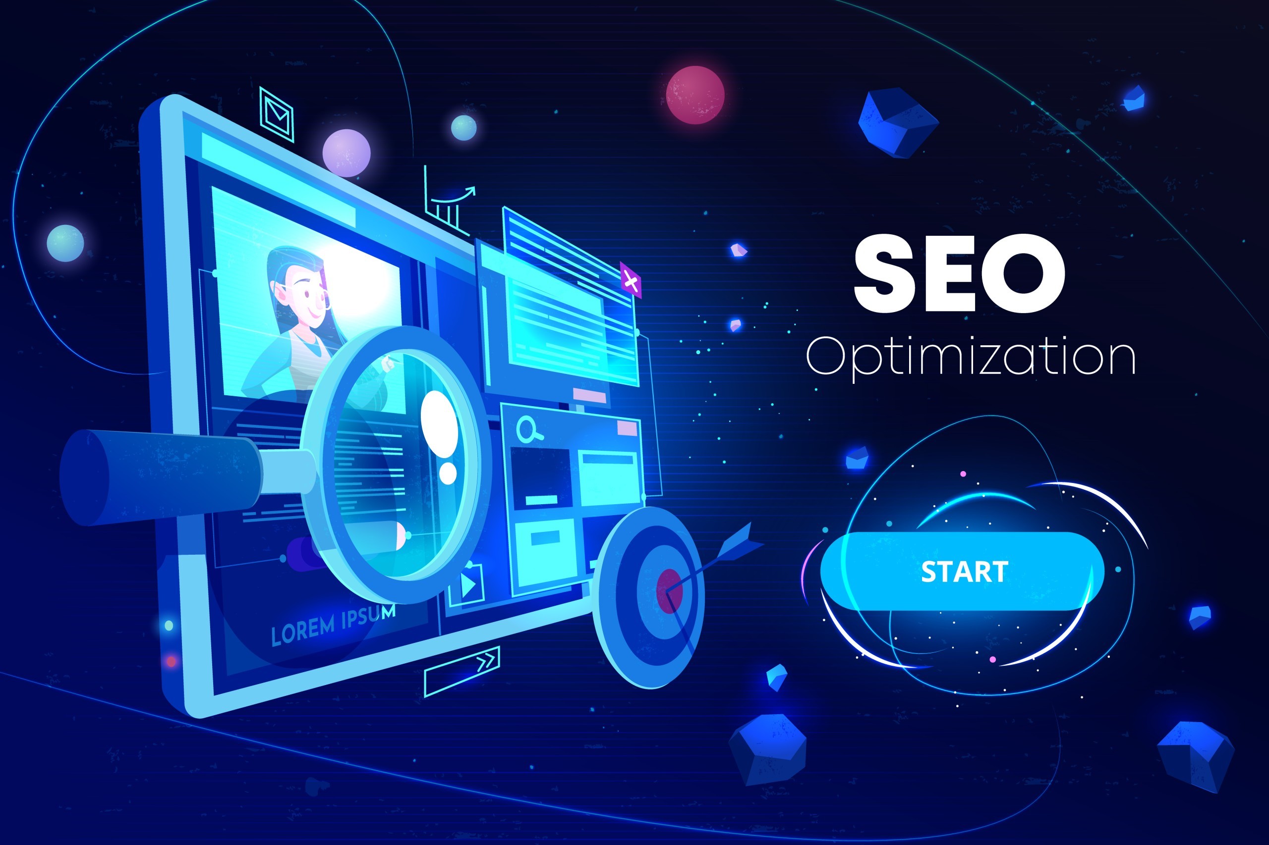 Illustration of SEO optimization depicting a computer screen with data and graphs