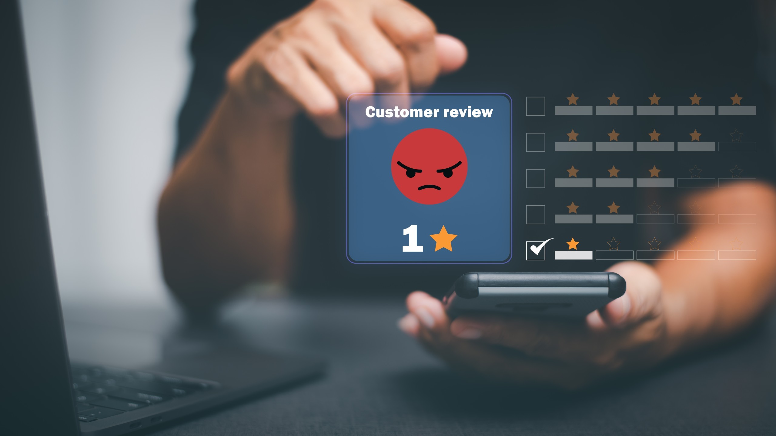 Illustration of a person writing a negative review on their phone