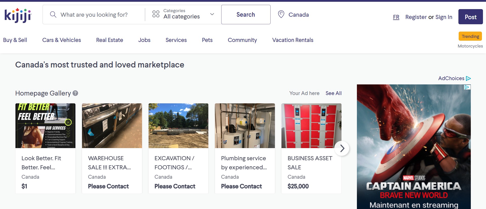 Screenshot of the homepage of kijiji.ca