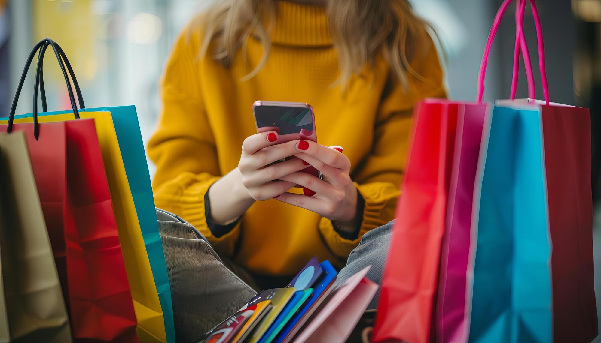 Picture of a woman with shopping bags, shopping on her cell phone