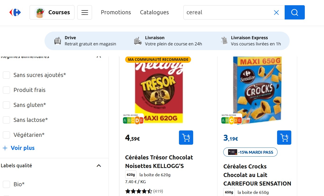 Screenshot of random product listings on carrefour.fr, edited to display international label and store brand cereal products next to each other
