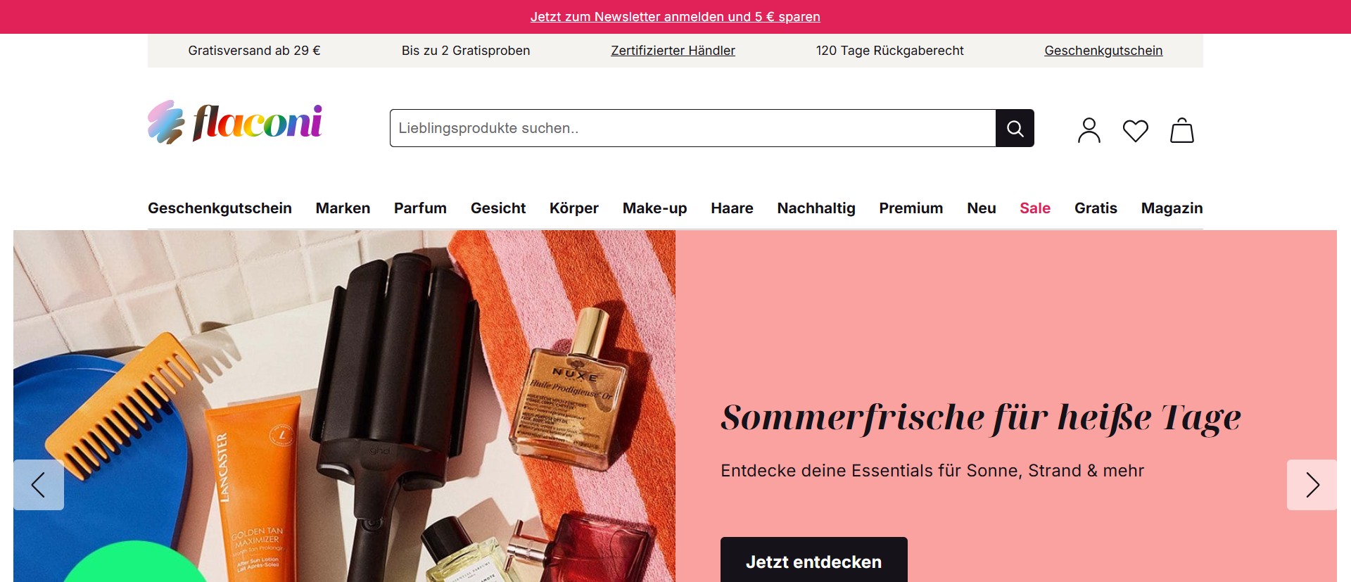 Screenshot of flaconi.de displaying flaconi’s homepage