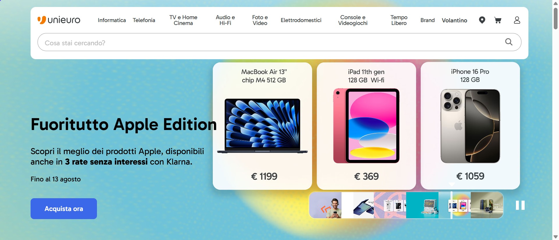 Screenshot of unieuro.it displaying the marketplace’s homepage