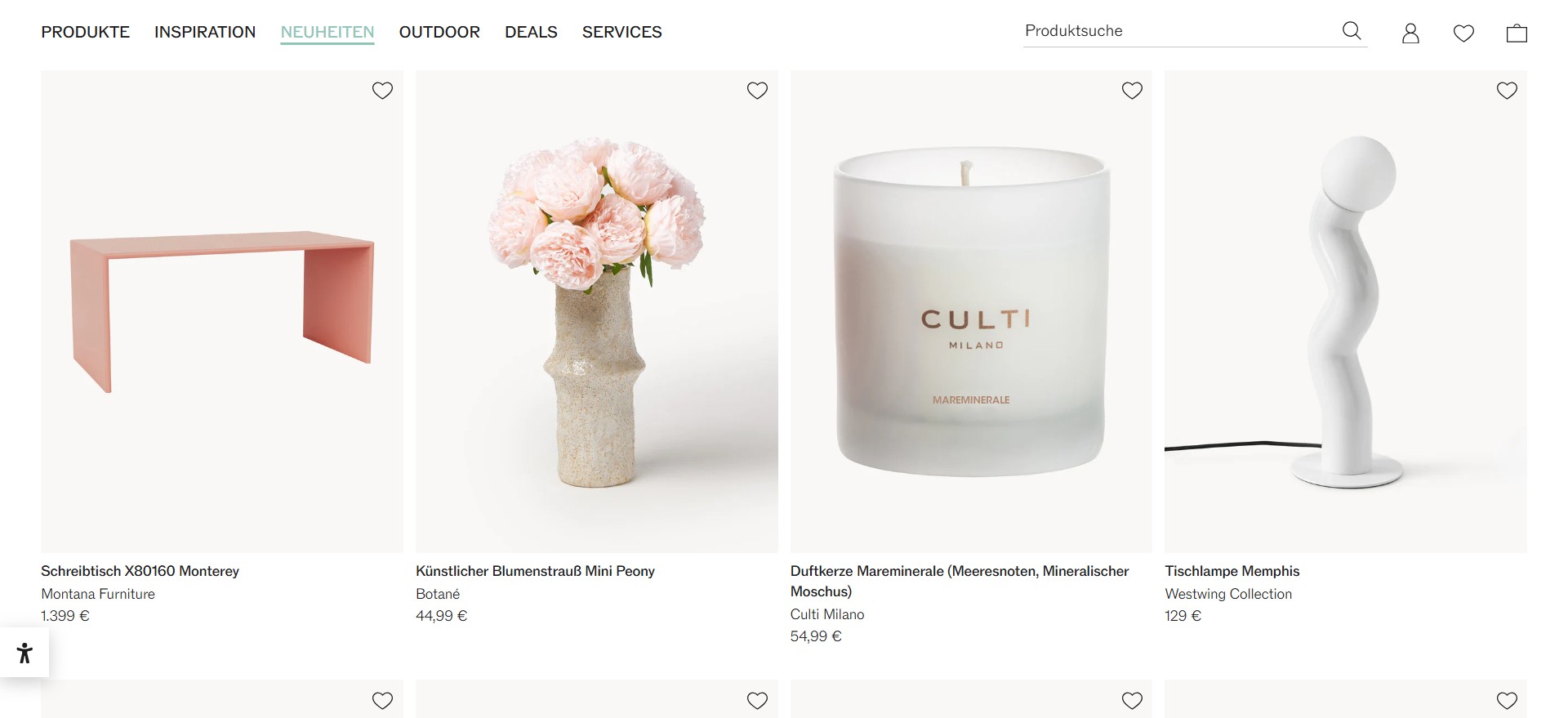 Screenshot of westwing.de/new-products/ showing both branded products and Westwing's own brand products, called Westwing Collection