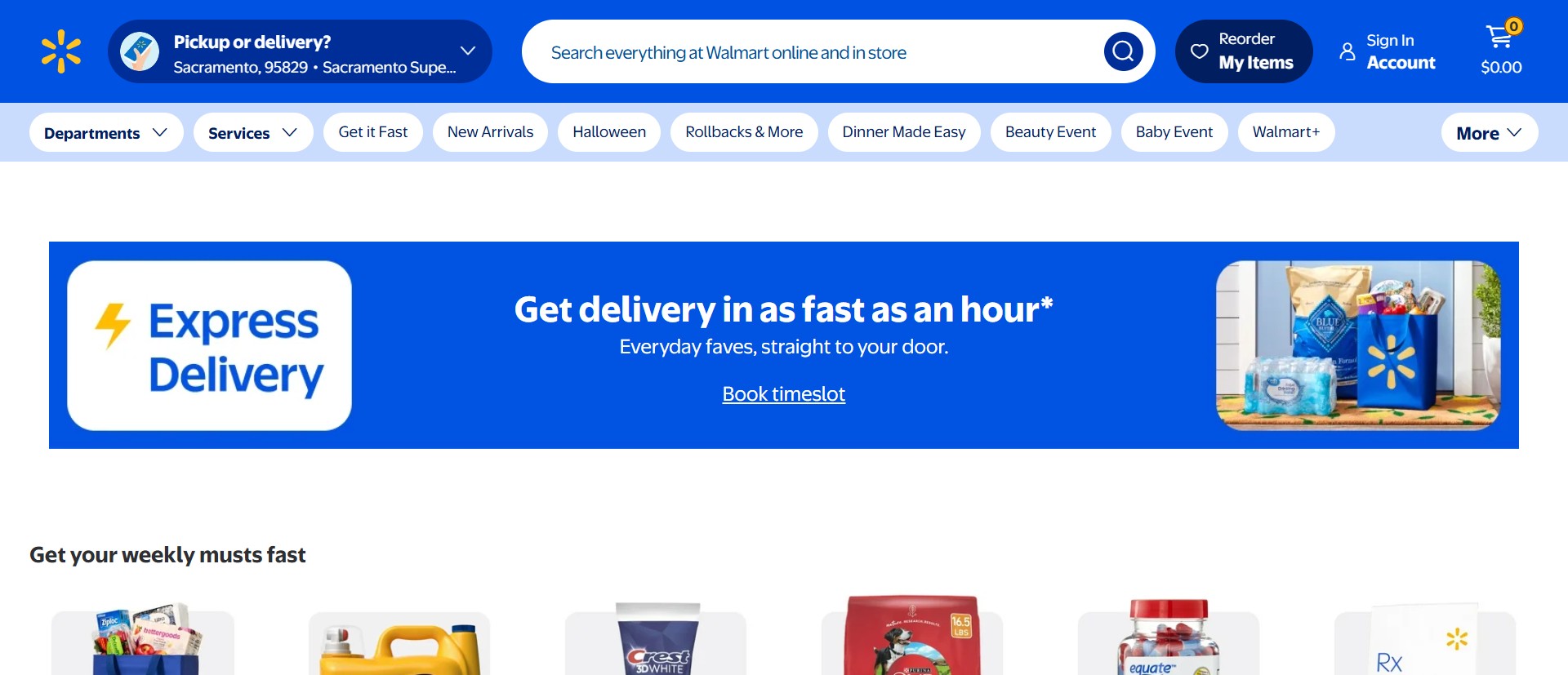 Screenshot https://www.walmart.com/cp/get-it-fast/6545138 of advertising Walmart’s quick commerce service