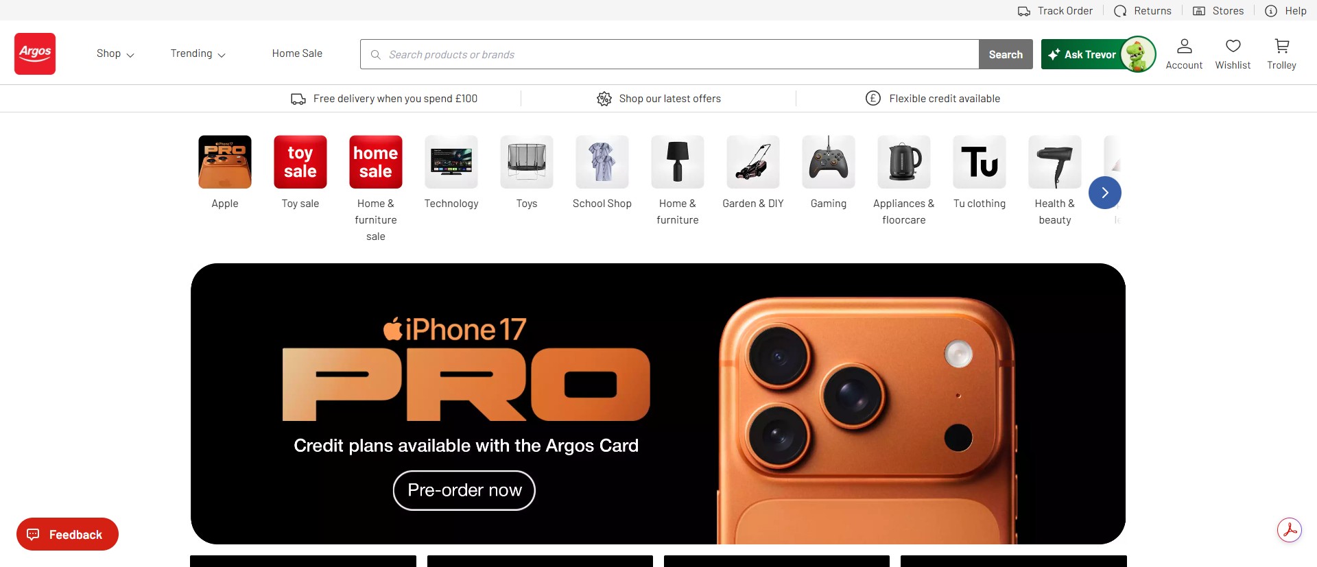 Screenshot of the homepage of argos.co.uk