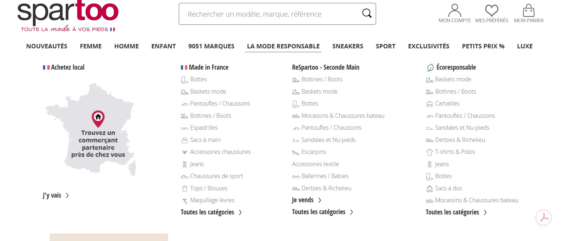 Screenshot of spartoo.com displaying the product categories available in Spartoo’s eco-responsible collection