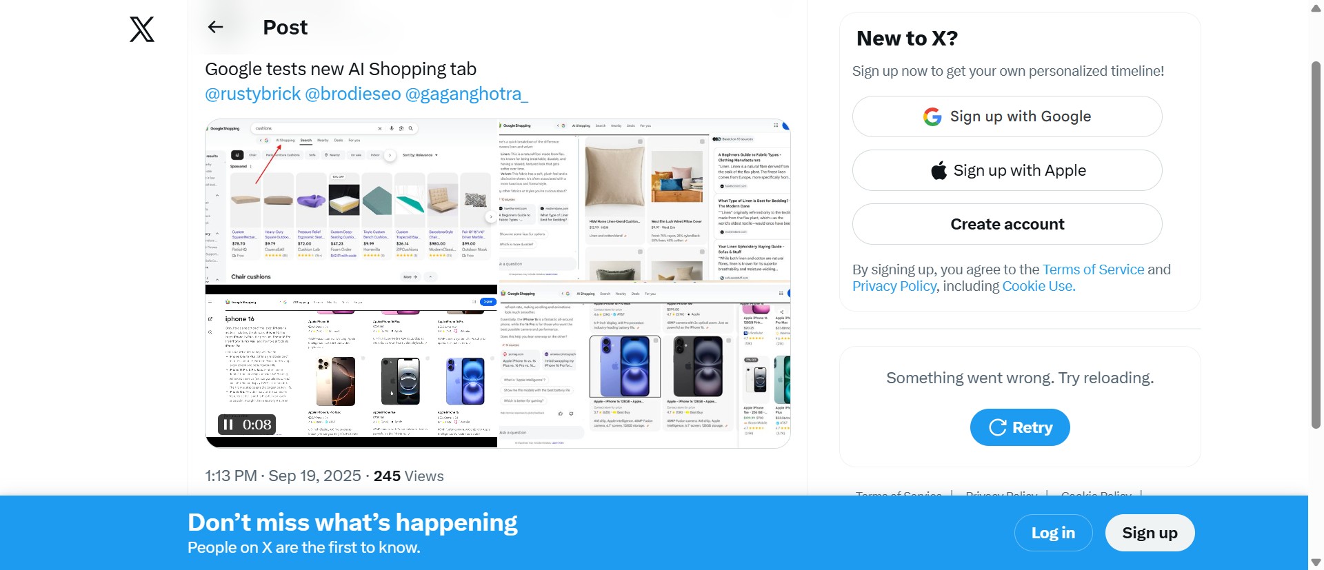 Screenshot of https://x.com/SachuPatel53124/status/1968996751555072015 displaying Sachin Patel’s screenshots of the AI Shopping tab
