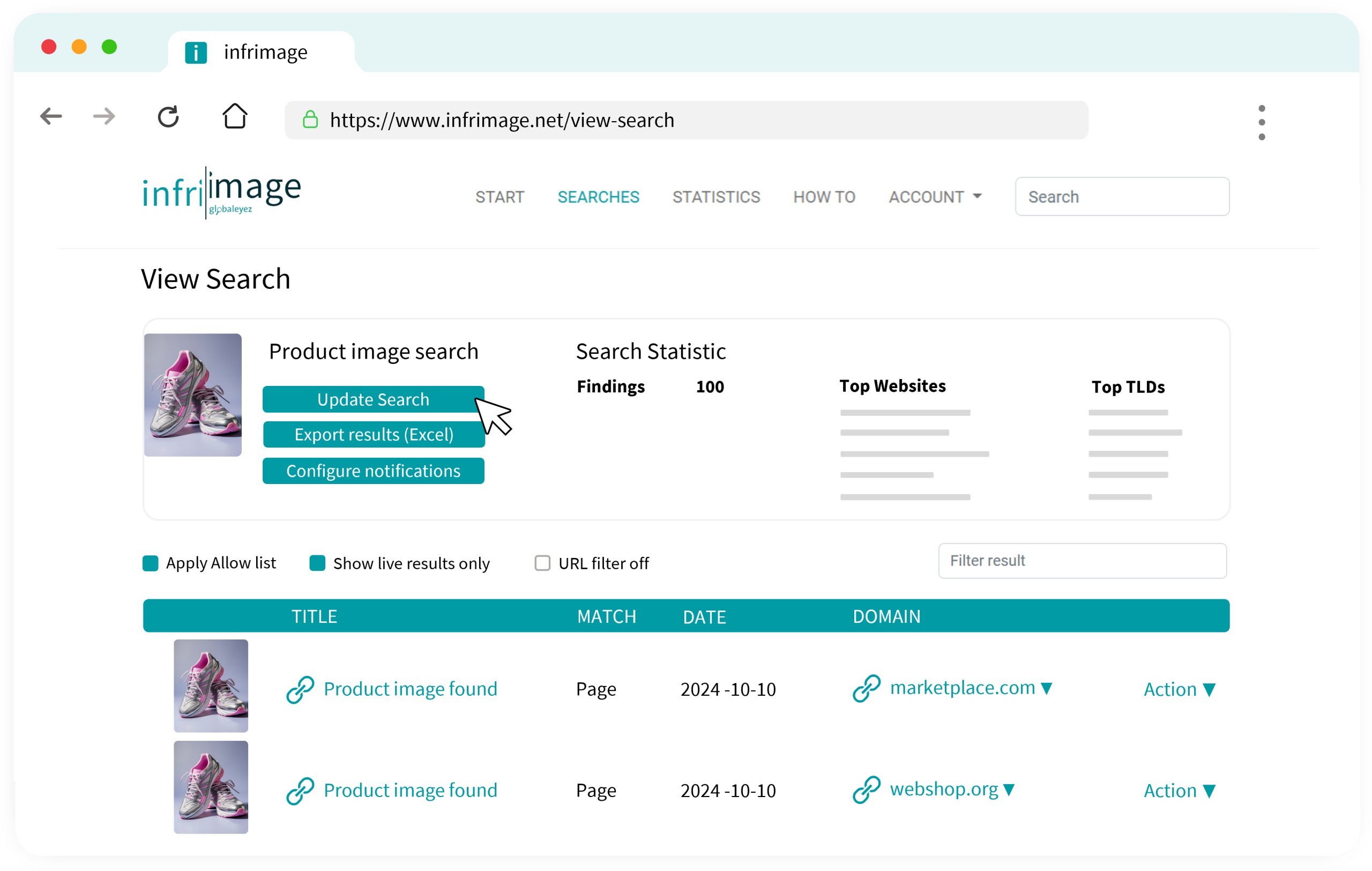 Presentation of a continuous image search created in infrimage, with search results, filters for the search results, comprehensive statistics, and an action menu for further actions such as test purchases, enforcement, and further investigation.
