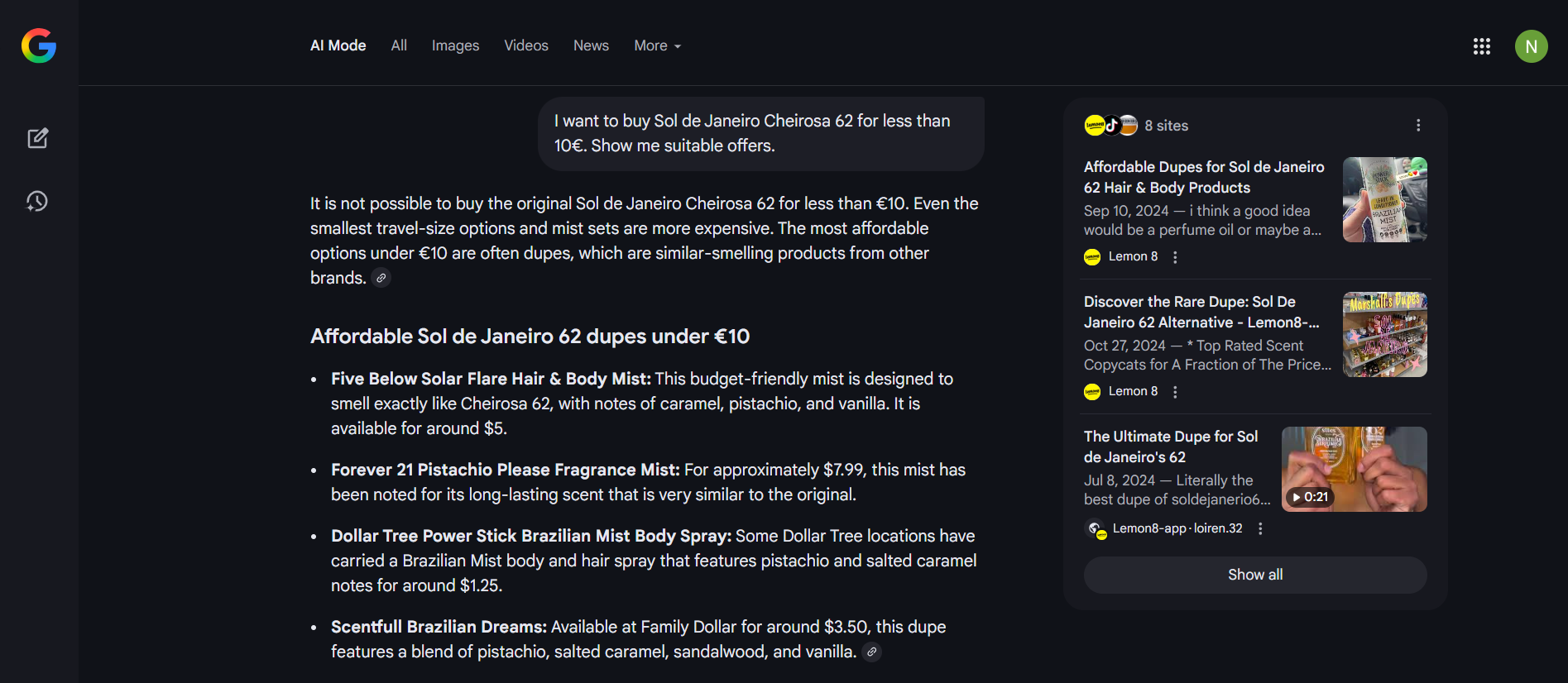 Screenshot of our Google AI Mode search for Sol de Janeiro Cheirosa 62