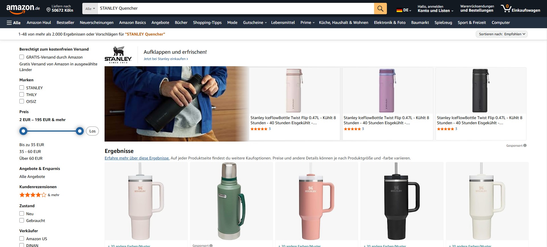 Screenshot of the results page of our Amazon.de search for Stanley Quencher