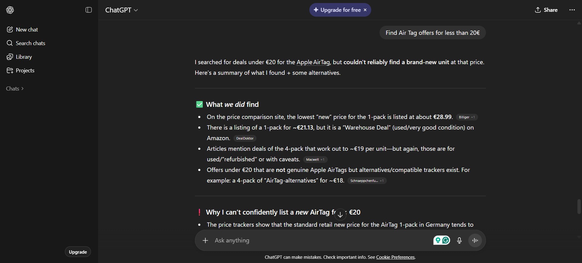 Screenshot of our ChatGPT search for AirTags below 20 euros