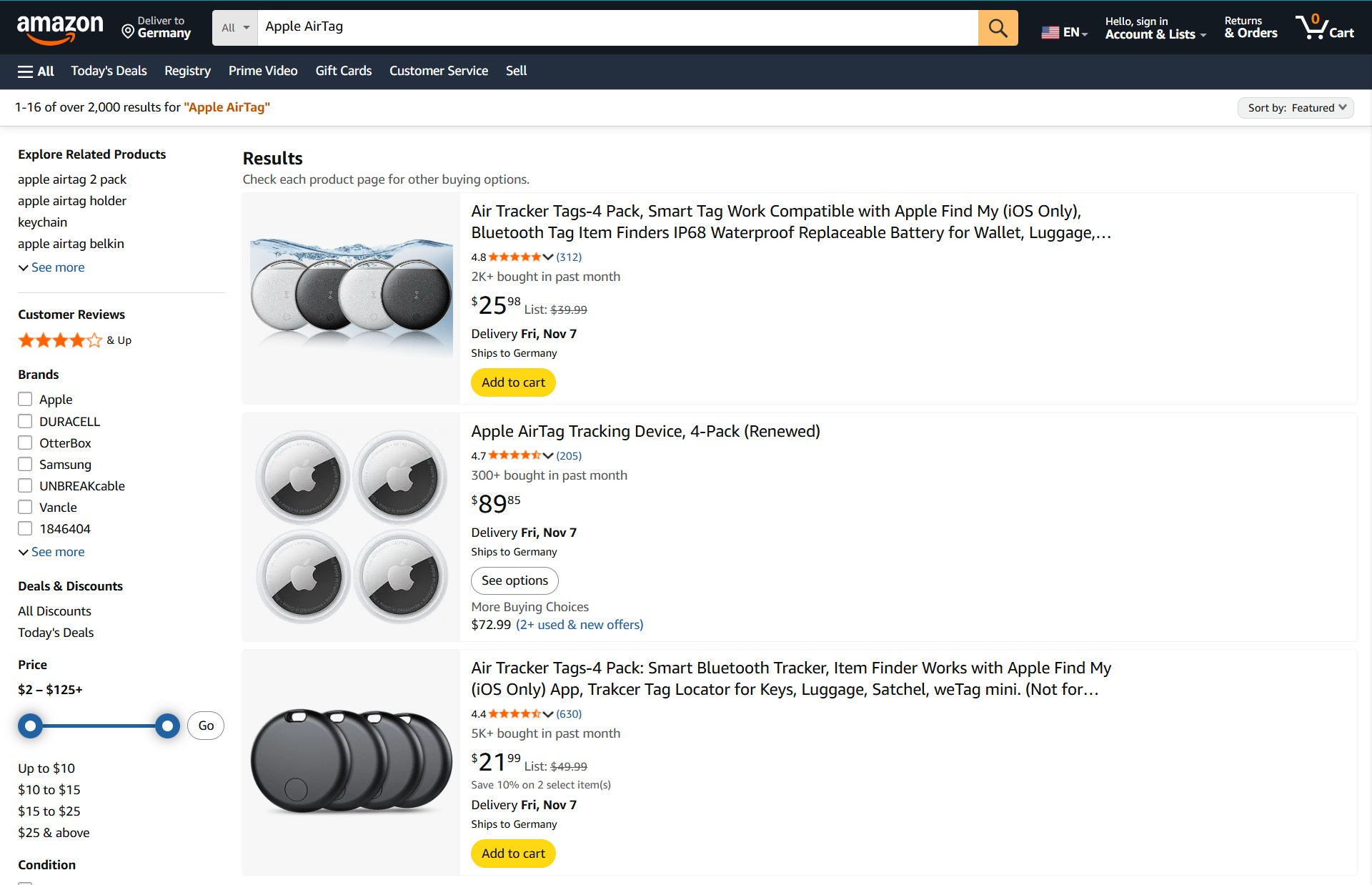 Screenshot of our Amazon search results for Apple Air Tags