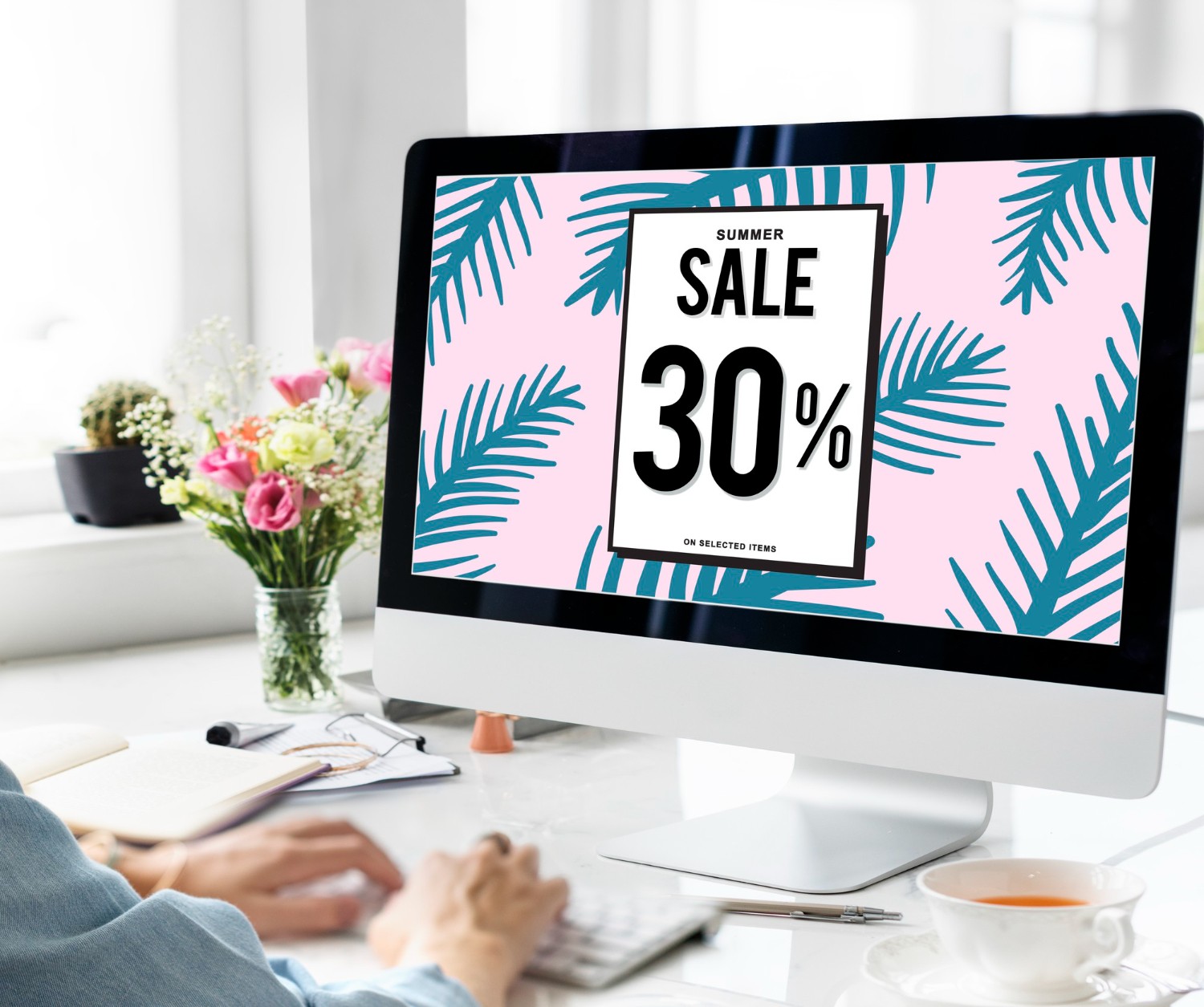 Illustration of a person looking at an online ad on a computer