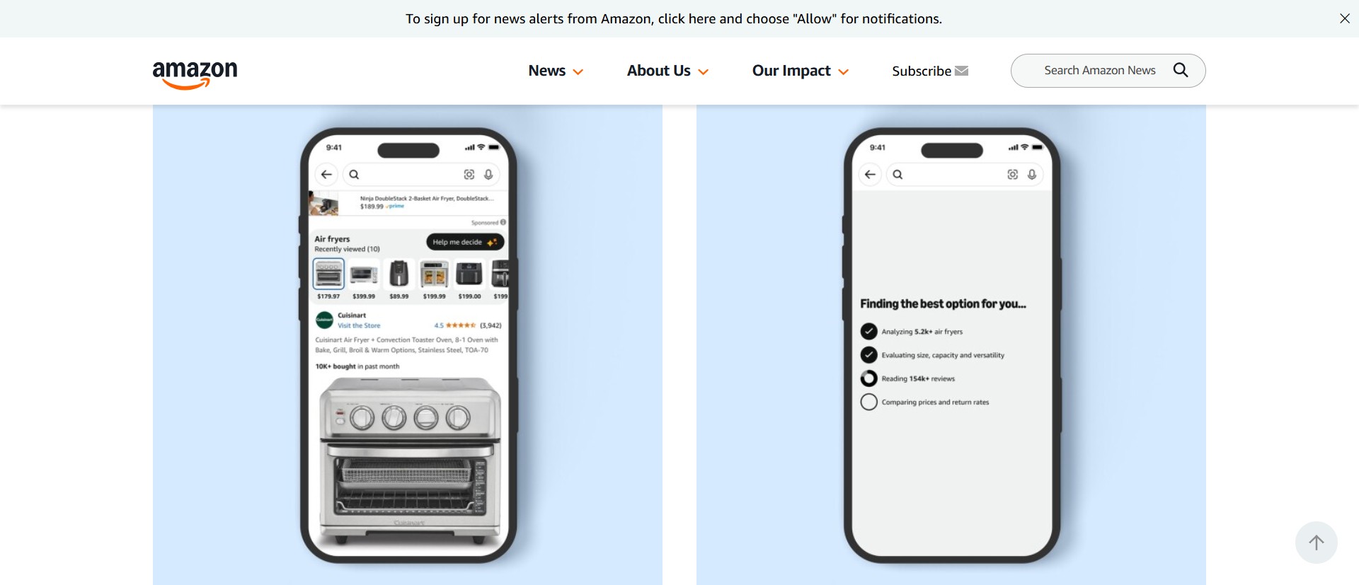Screenshot of https://www.aboutamazon.com/news/retail/amazon-things-to-buy-help-me-decide-gen-ai displaying the Help Me Decide button as well as the screen users see while the tool analyzes their options