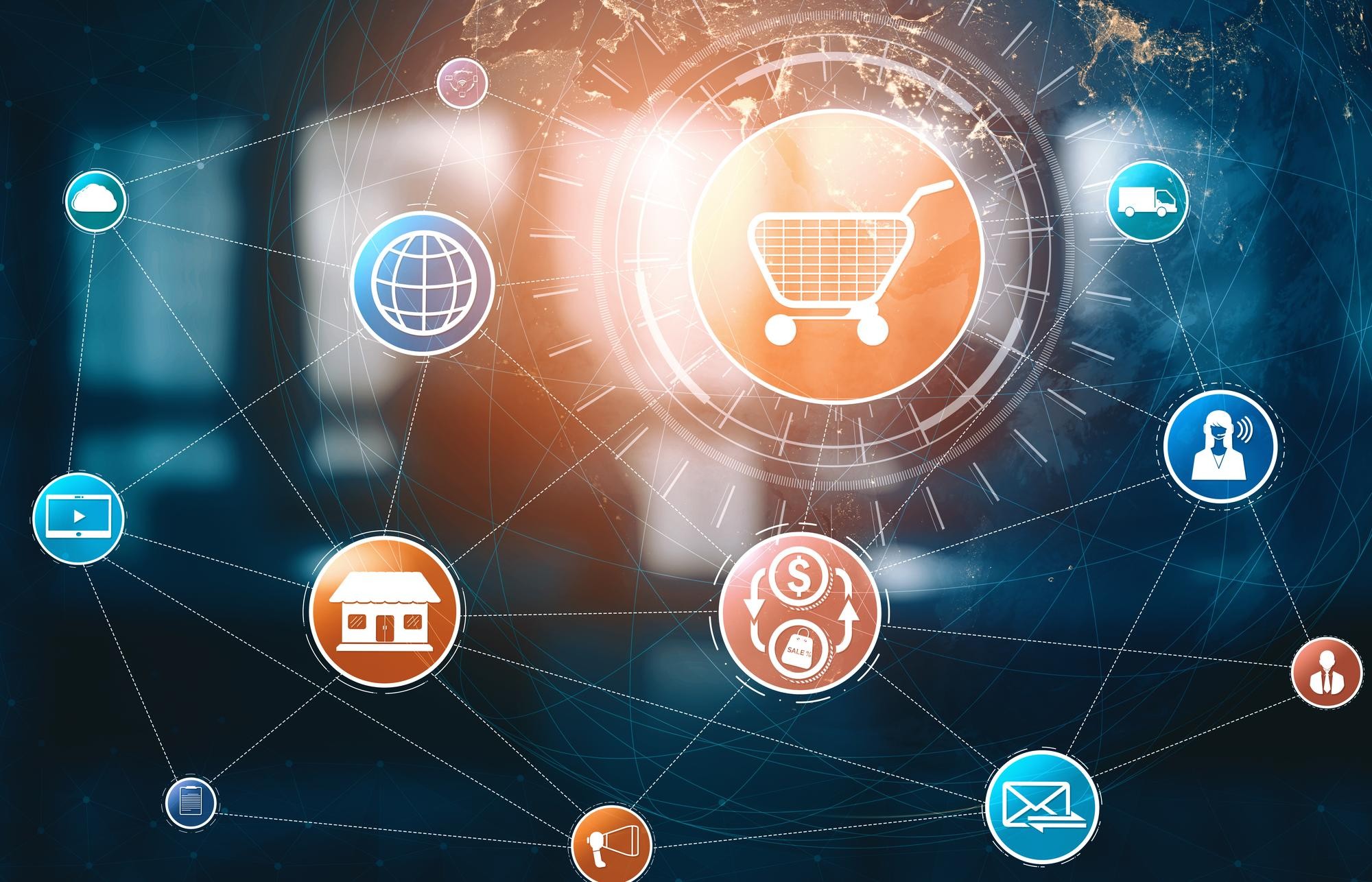 An illustration of a multichannel sales approach with little icons representing various forms of sales surrounding the image of a shopping cart