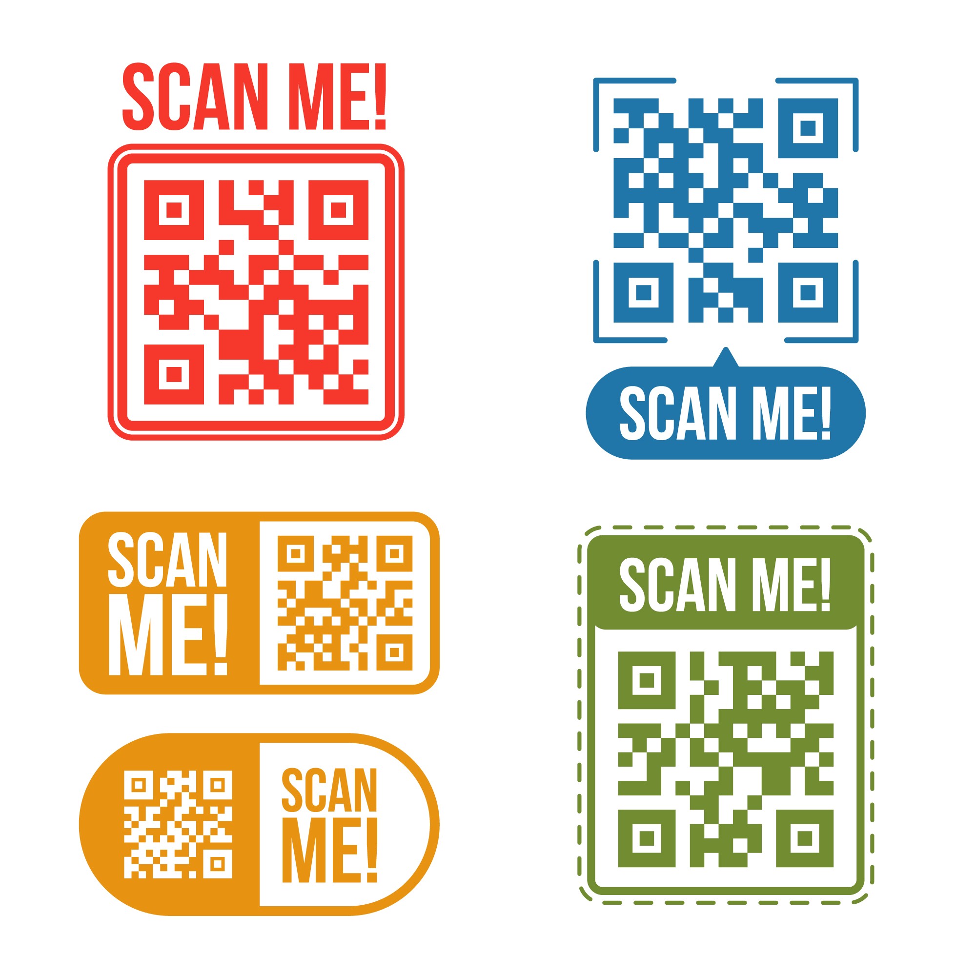 An illustration of several QR codes displayed in various colors, prompting users to scan them