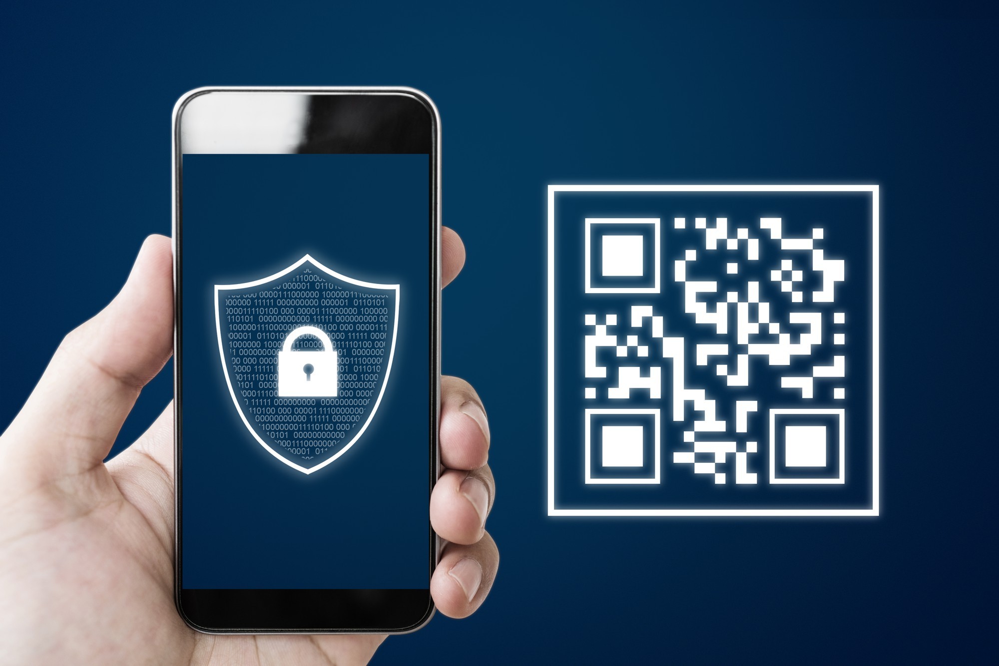 An illustration of the safety of QR codes, displaying a smartphone with a lock next to a QR code