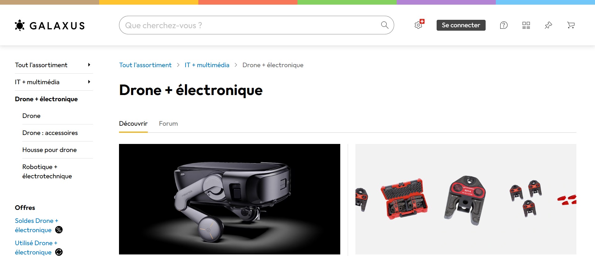 Screenshot of galaxus.ch displaying product listings in the Drones and electronics category