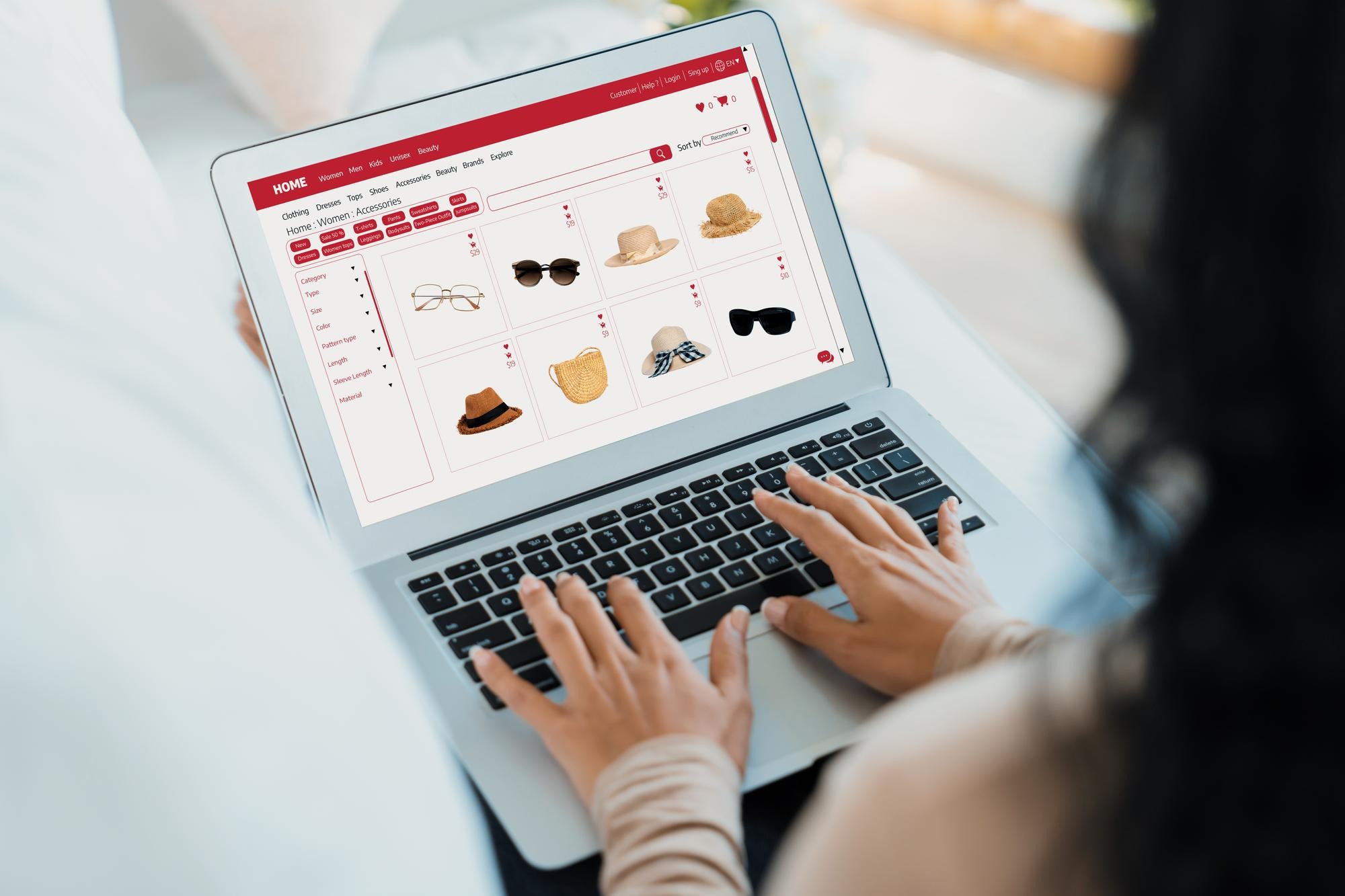 Illustration of a shopper comparing products on a laptop screen
