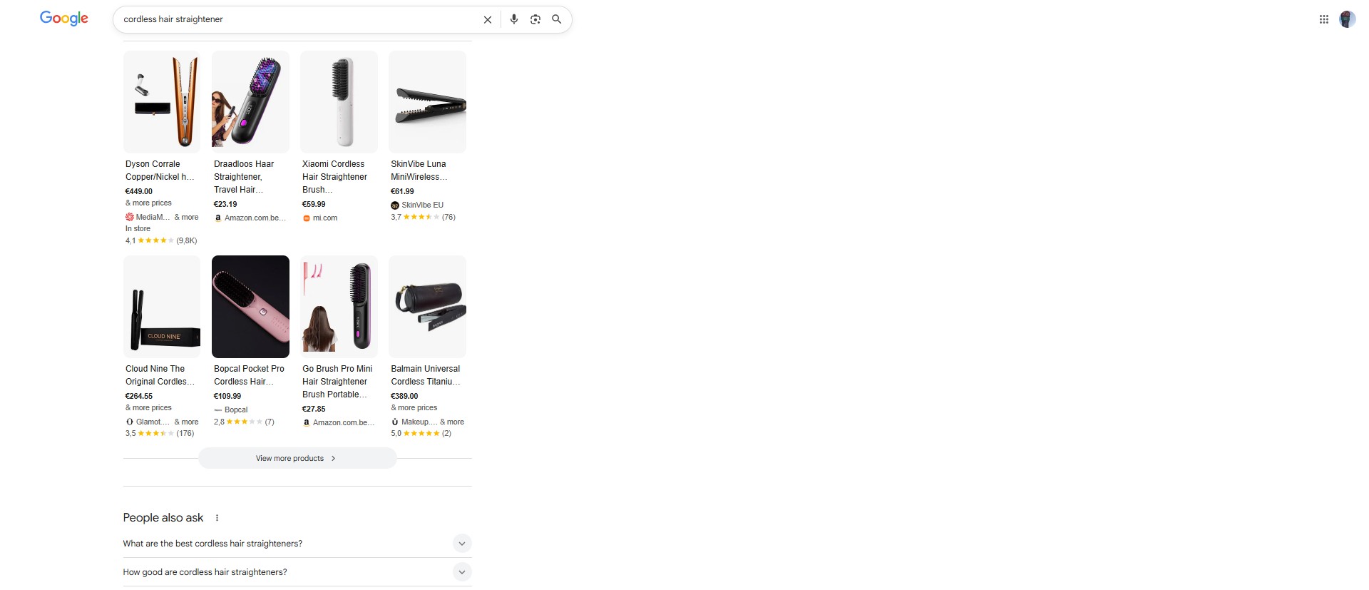 Screenshot of the SERP of a random Google product search