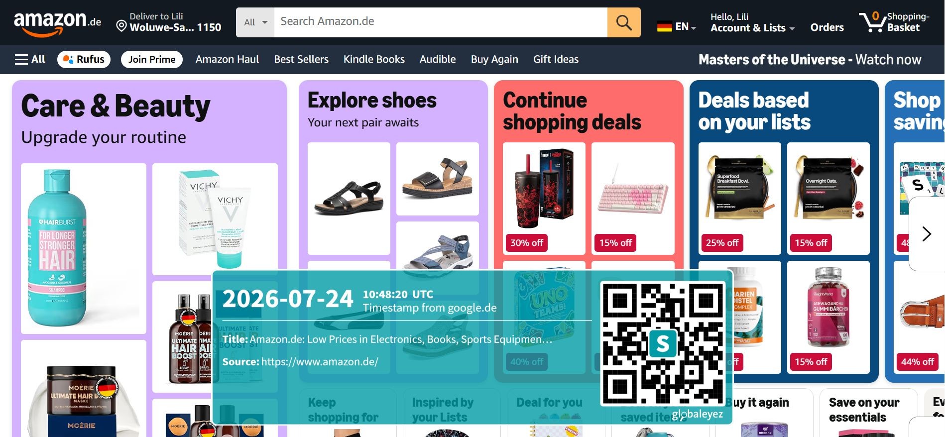 Screenshot of the homepage of amazon.de taken with globaleyez&rsquo;s free screenshotting Google Chrome extension screenseal