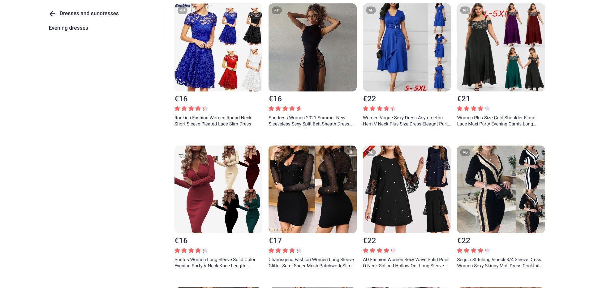 Screenshot of random listings of evening dresses on Joom.com