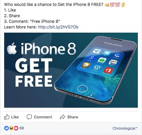 Screenshot of Facebook raffle for iPhone 8