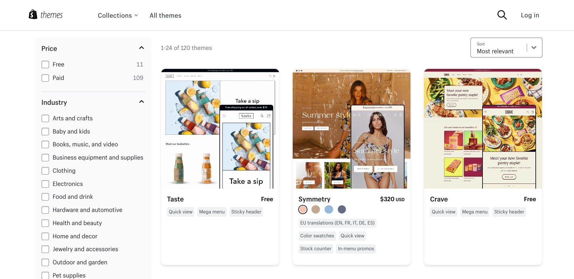 Screenshot of themes.shopify.com displaying customisable webshop themes