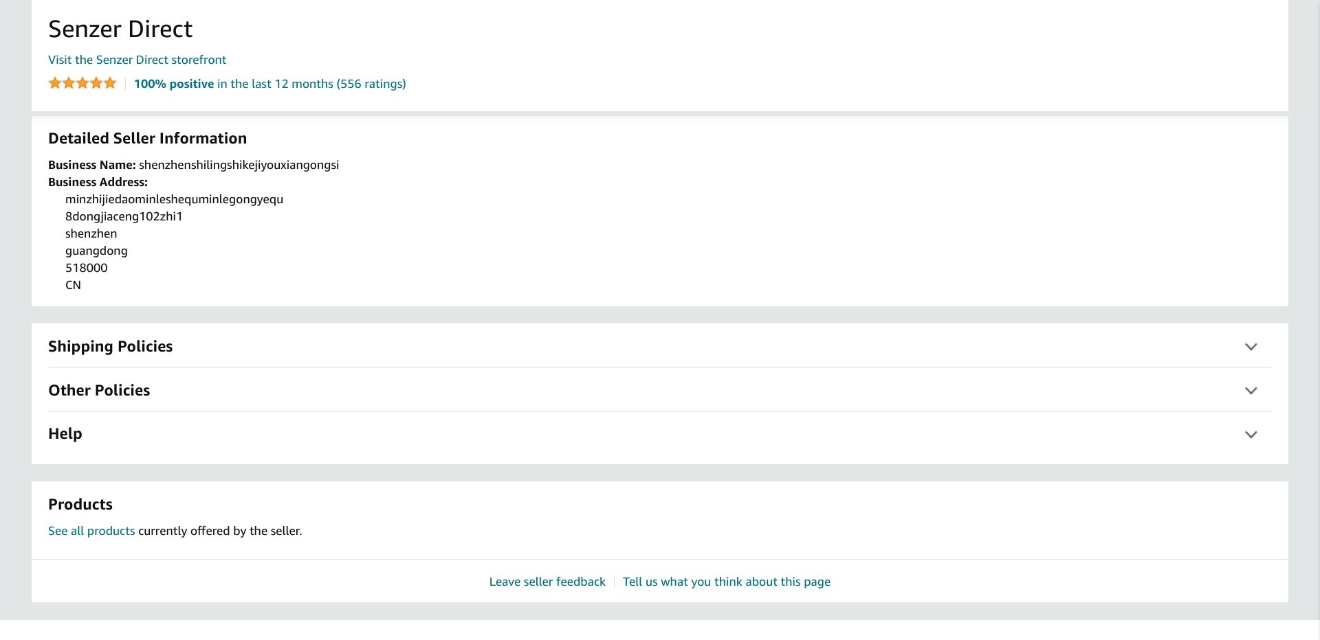 Screenshot of a random seller’s business information currently displayed on Amazon.com