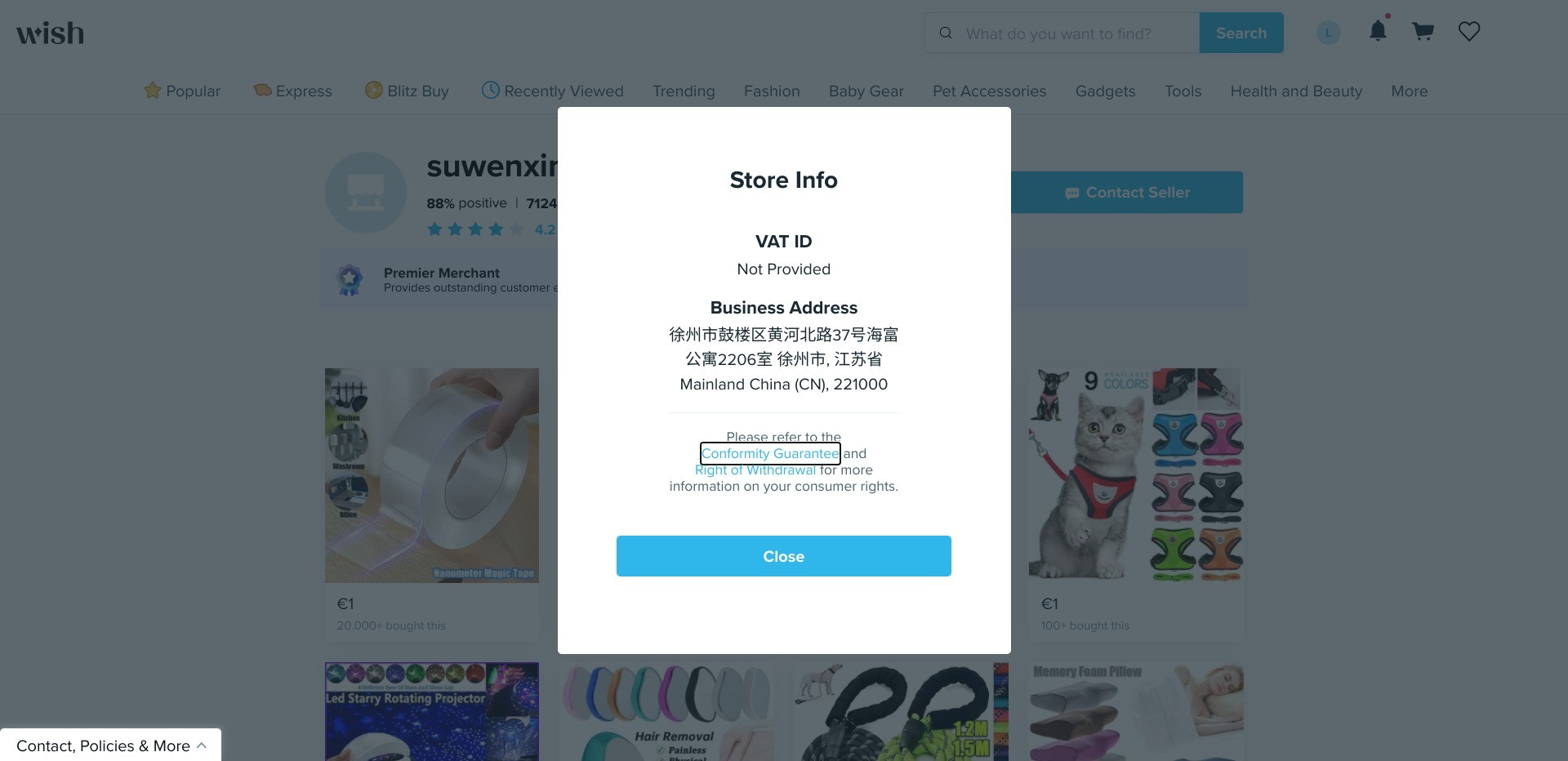 Screenshot of a random store’s information page on wish.com