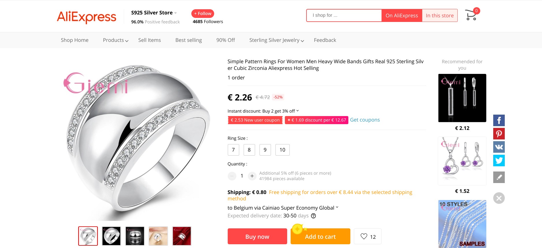 Screenshot of a fake silver ring on AliExpress