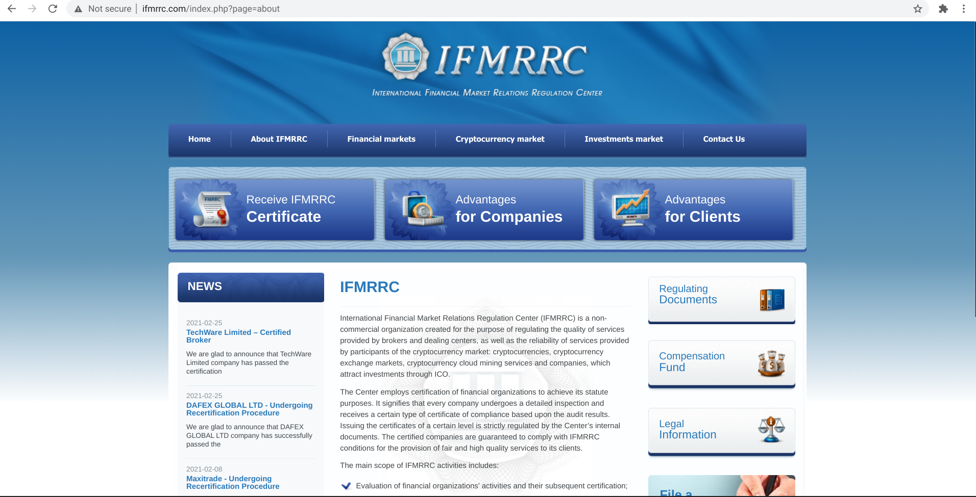 Screenshot of organization called International Financial Market Relations Regulation Center, or IFMRRC