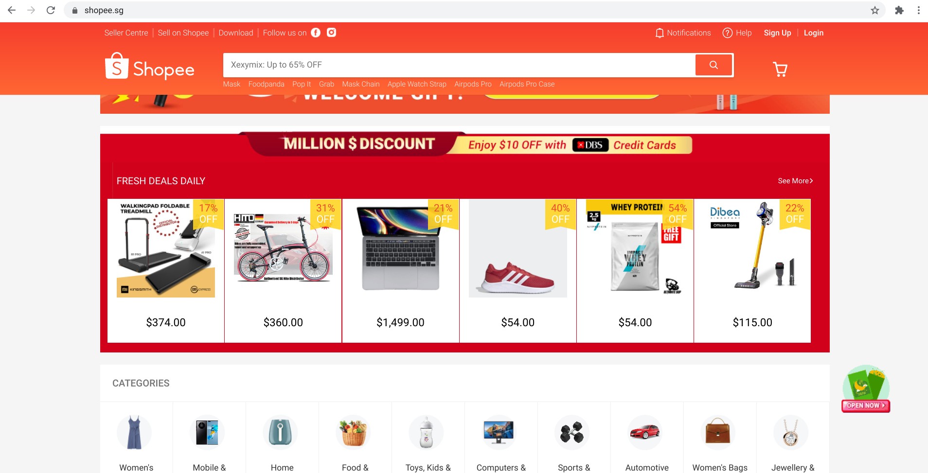 Screenshot: daily deals and discounts on Shopee.sg