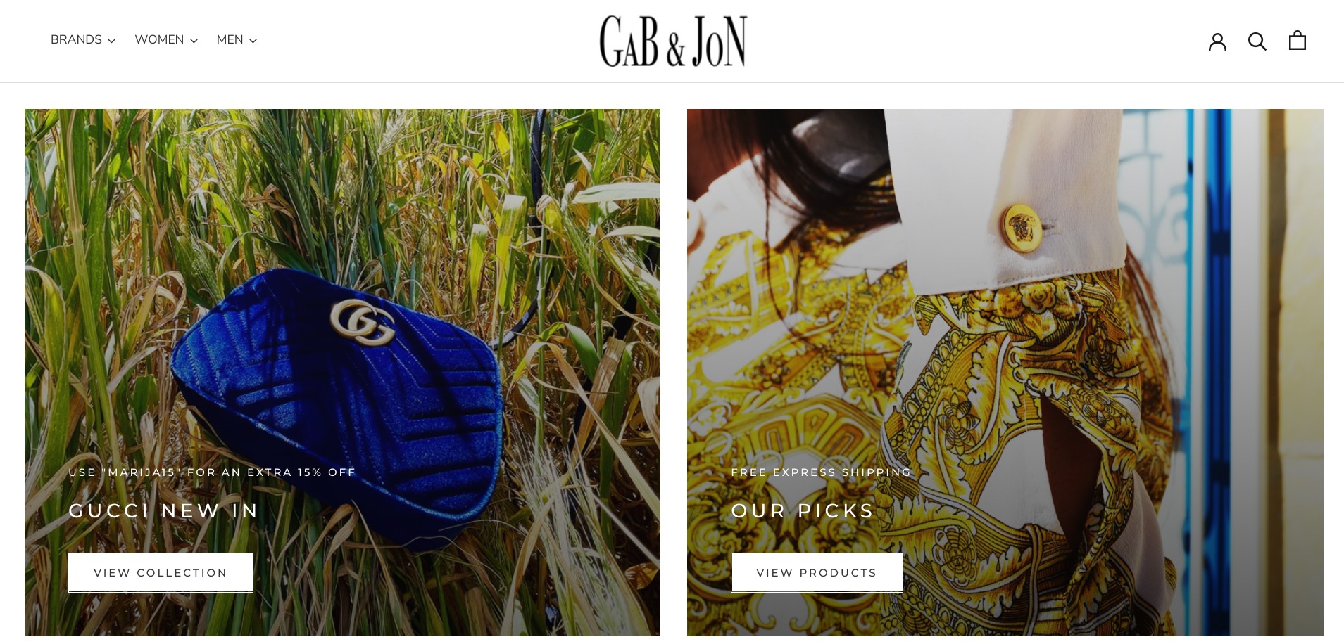 Screenshot of gabandjohn.com, a fake webshop offering products of many luxury brands like Gucci and Dior